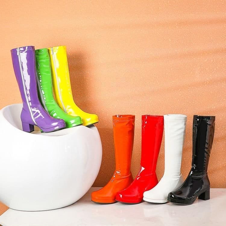 image-Purple Patent Leather High-Top Boots - Slim, Versatile, Thick Heel