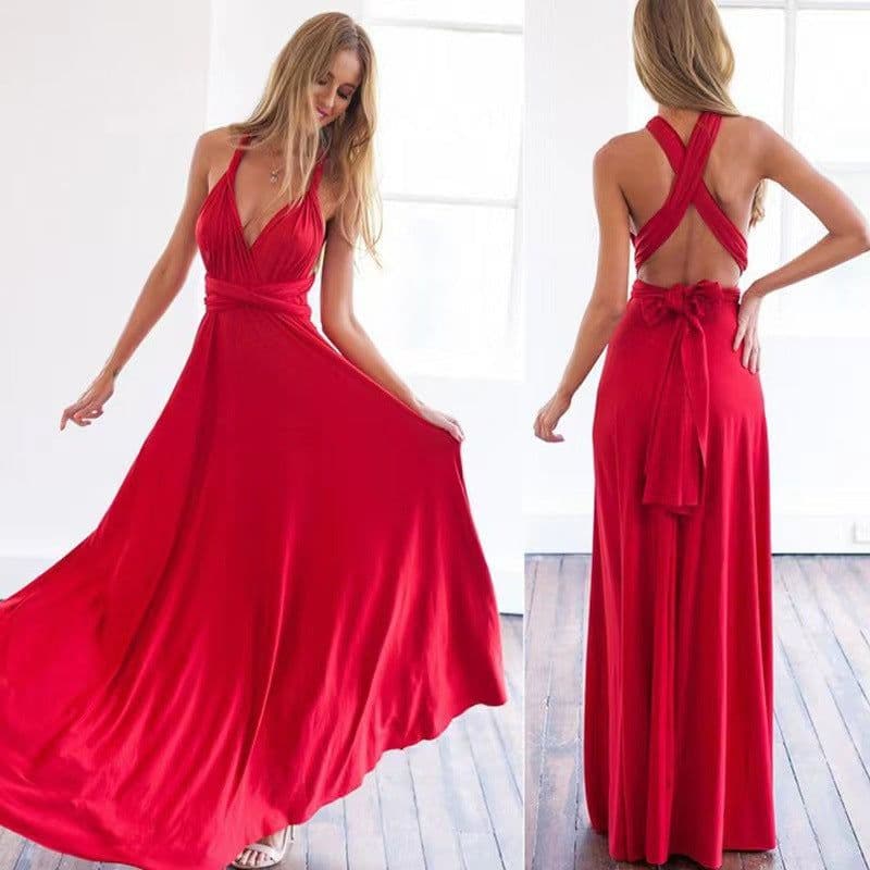 image-Cross-border European and American solid color and various ways to wear sexy strappy red dress long skirt dress bridesmaid dress