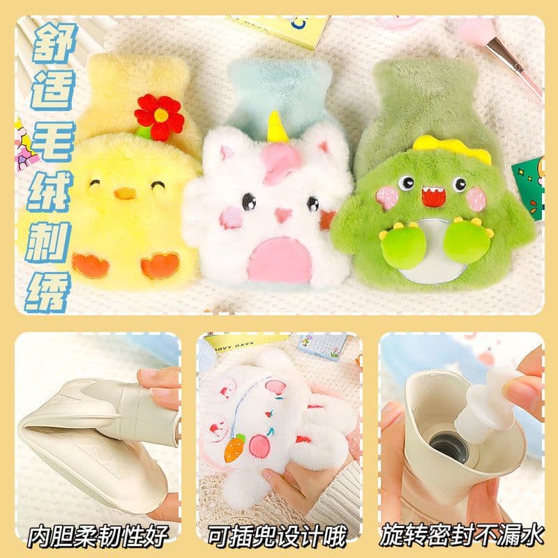 image-Water-filled Hot Water Bottle - Gray Plush 1000ML Thickened Hand Warmer Bag