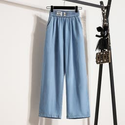 image-Navy Blue Tencel Denim Wide-Leg High Waist Pants Women Summer