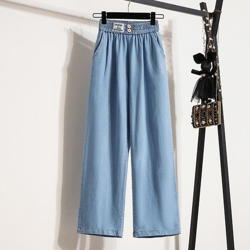 image-Navy Blue Tencel Denim Wide-Leg High Waist Pants Women Summer