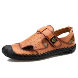 image-Men's Leather Cork Sandals - Black Non-Slip