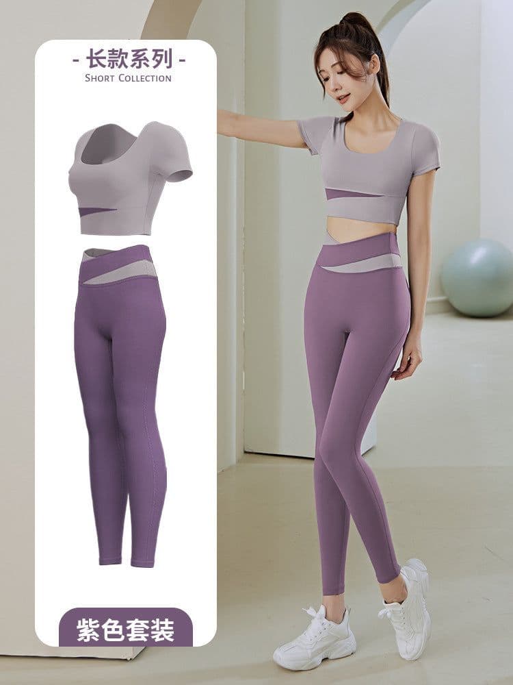 image-Summer new one-piece fixed chest pad sports top yoga pants suit fitness short-sleeved beauty back two-piece set for women