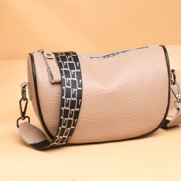 image-Cowhide Leather Saddle Bag - Khaki Small Square