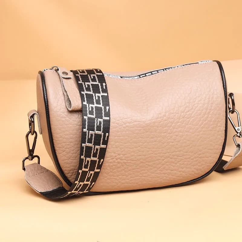 image-Cowhide Leather Saddle Bag - Khaki Small Square
