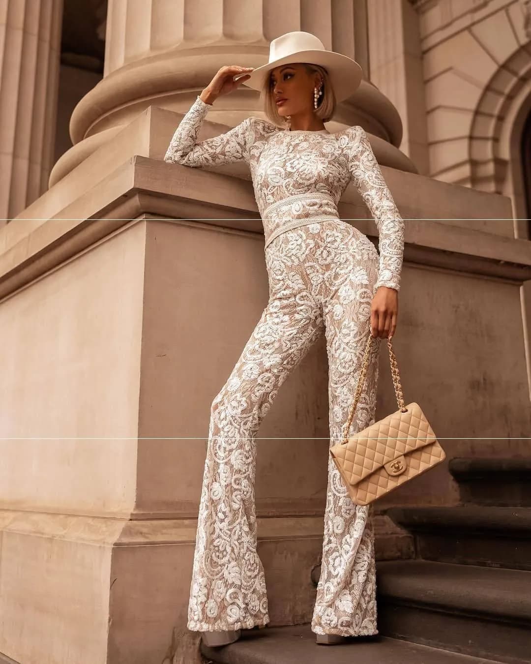 image-Women's White Lace Jumpsuit - Cotton Casual