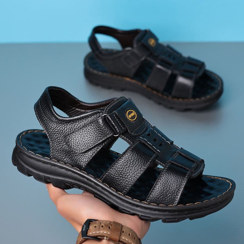 image-BANGDENG Leather Sandals Men Brown Size 44 Velcro