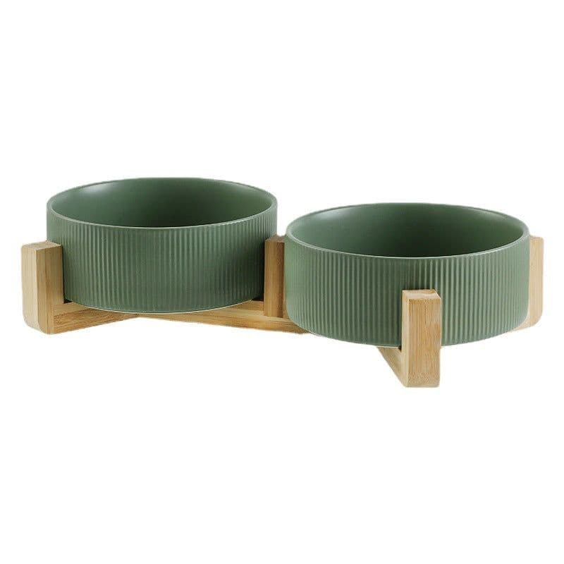 image-Hangyi Ceramics Double Bowl Pet Dish - Wooden Frame, Anti-Knock - 24 Pack