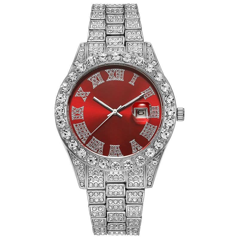 image-Hiphop watch European and American hot style men's steel belt hip-hop Roman scale diamond calendar men's quartz watch