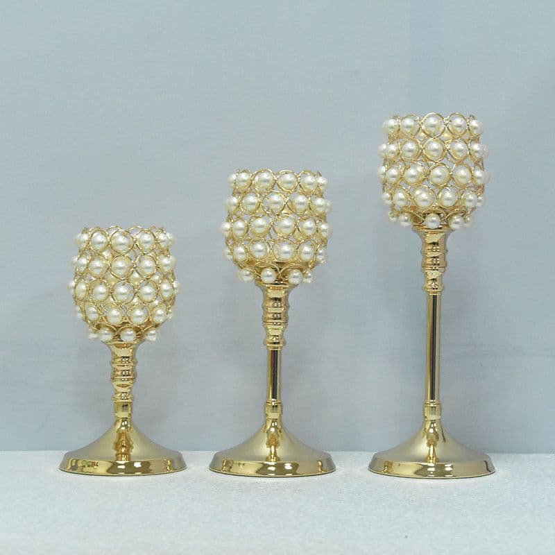 image-Metal Candlestick Holder - Gold Pearl 11.5x32cm