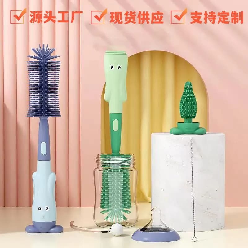 image-Silicone Baby Bottle Brush Set - Rock Blue, Three-in-One Rotating Cleaner