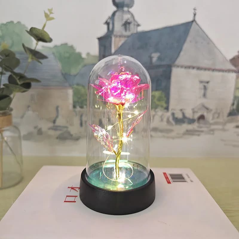 image-Gold Foil Rose in Glass Dome - Preserved Flower Decor