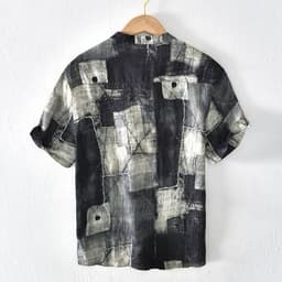 image-Men's Linen Shirt - Blue Floral Stand Collar Short Sleeve