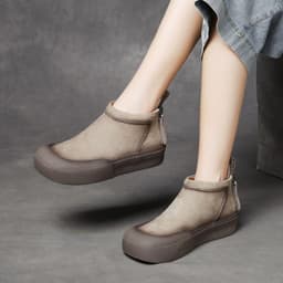 image-Shu Genuine Leather Women's Ankle Boots - Double Zipper Retro Design, Thick Sole, Khaki Brown
