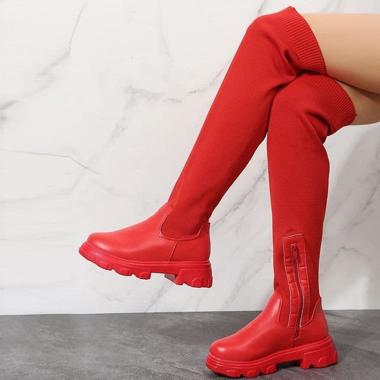 image-Women's Over-the-Knee Fly-Knit Boots - Thick Sole, Large Size, European Style
