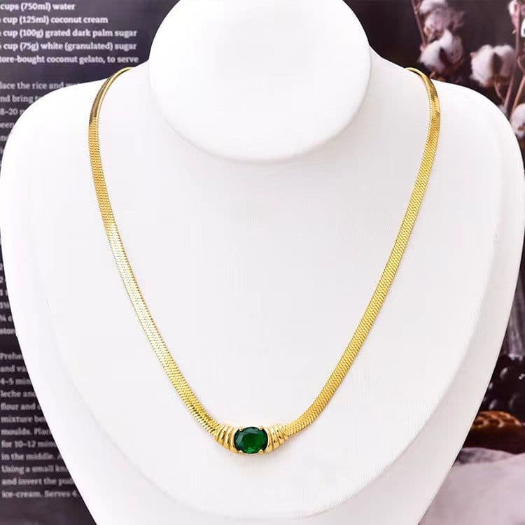image-Titanium Steel Snake Chain Necklace - Gold Emerald