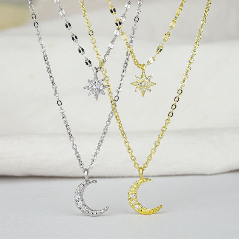 image-Qibao S925 Silver Star Moon Necklace for Women - 41-50cm
