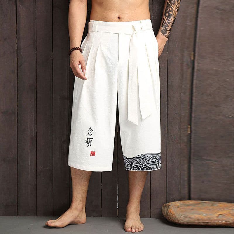 image-Chinese Retro Linen Embroidery Wide Leg Pants - Summer Loose Cotton Cropped