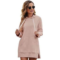 image-Women's Hooded Sweatshirt - Solid Color Mid-Length Loose Fit