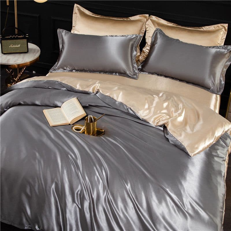 image-4-Piece Ice Silk Bedding Set - Pink Silver Gray