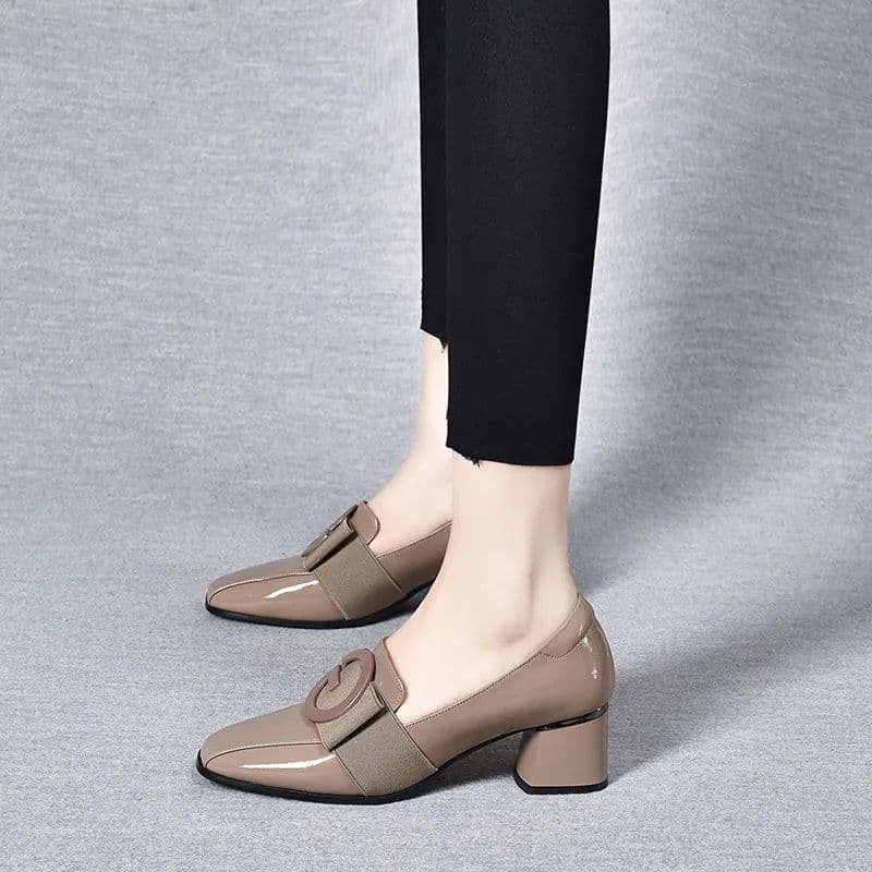 image-Women's PU Leather Square Toe Chunky Heel Shoes - Khaki