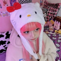 image-Women's Pink Plush Knit Hat - Cartoon Cat Dome Style