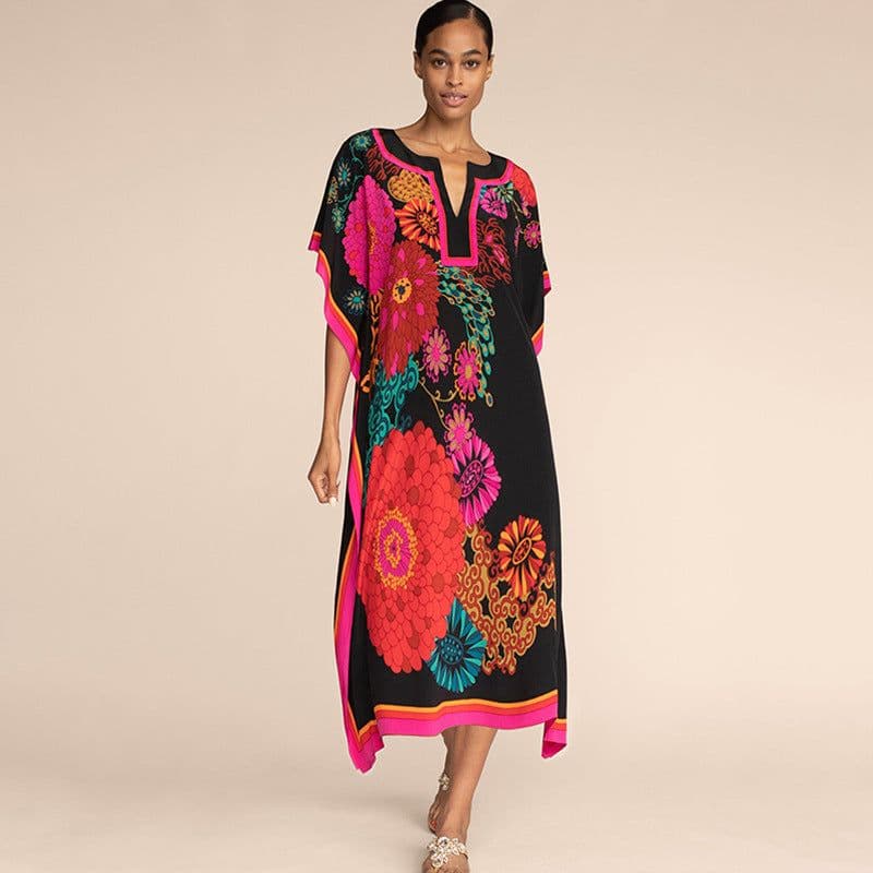 image-European and American new positioning printed blouse seaside holiday long skirt loose blouse bikini swimsuit robe outer wear female