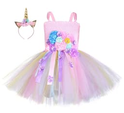 image-Children's Dress Colorful Candy Mesh Dress Unicorn Headband Lined Girls Tutu Skirt
