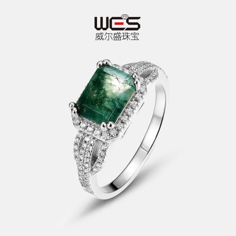 image-Amazon wish cross-border new product S925 silver green moss stone ring water grass agate ring light luxury fashion Europe and the United States