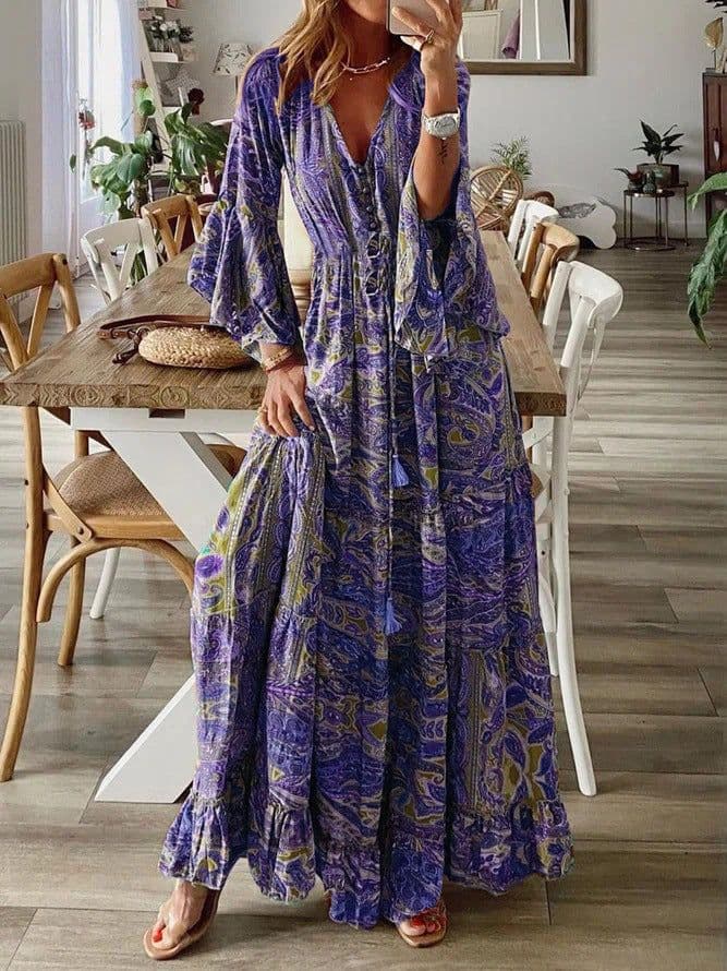 image-Bohemian V-Neck Trumpet Sleeve Holiday Dress Floral Long Skirt - 2023
