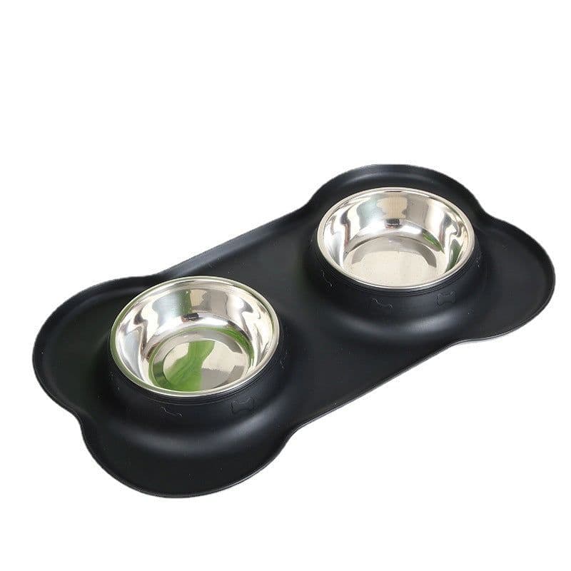 image-Silicone Pet Bowl - Cat Dog Anti-Spill Stainless Steel Double Bowl Placemat