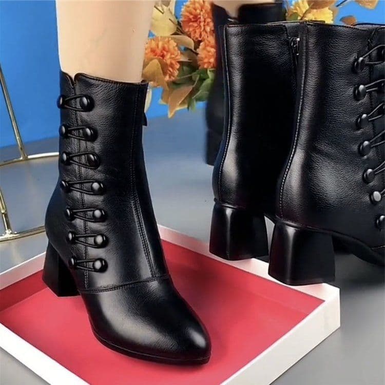 image-Women's Black Boots - Low Heel Side Zipper