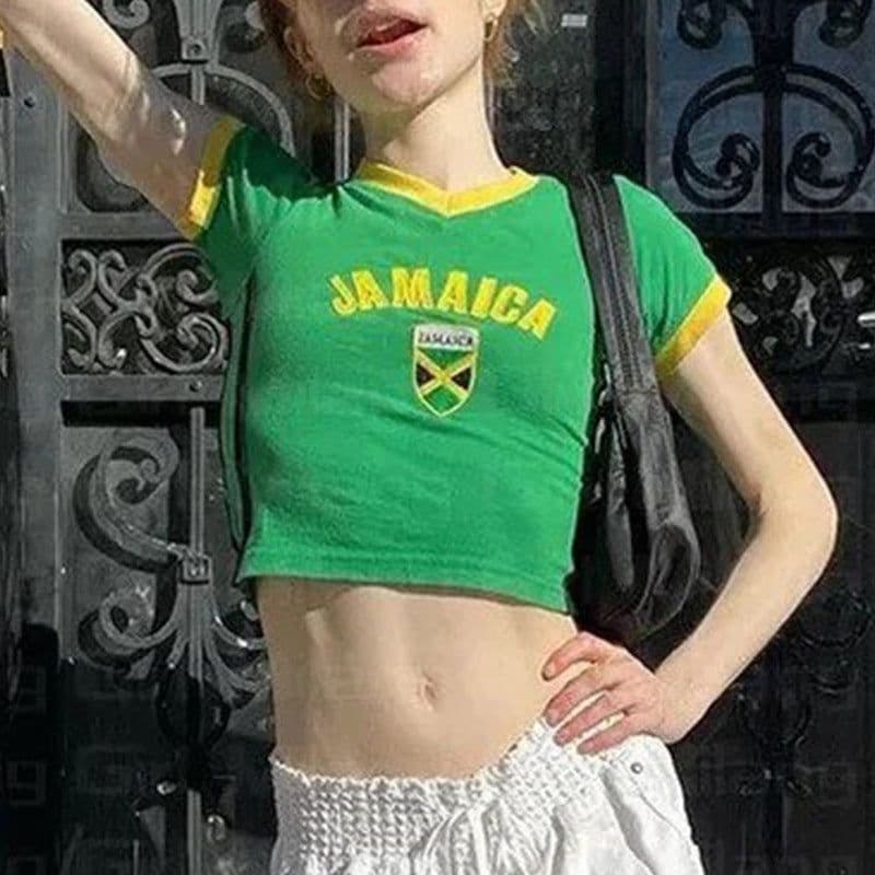 image-European American Y2K Blue Crop Top - Slim Fit