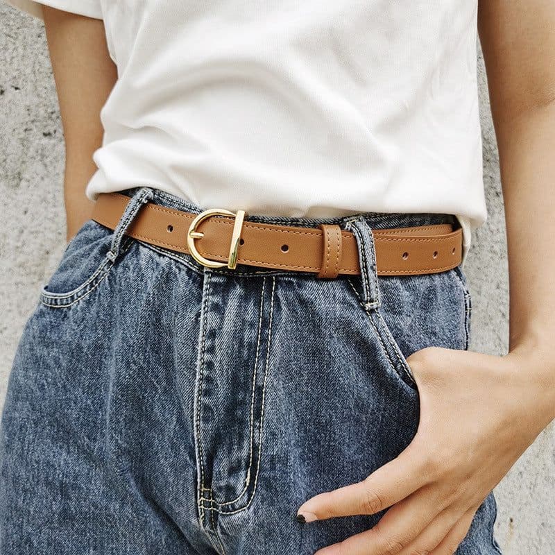 image-Women's Genuine Leather Belt - D Buckle Cowhide Jeans Belt