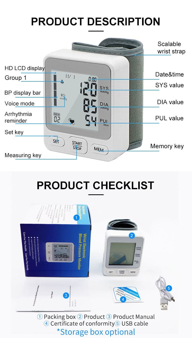image-Wrist Blood Pressure Monitor - USB Rechargeable Voice TK-W202