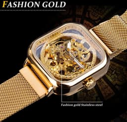 image-Forsining gold hollow watch men's fully automatic mechanical watch luminous mesh belt watch a generation