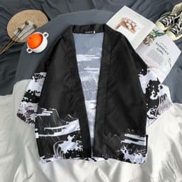 image-A generation of Japanese ukiyo-e Taoist robe sea wave carp kimono male and female couple three-quarter sleeve shirt wholesale