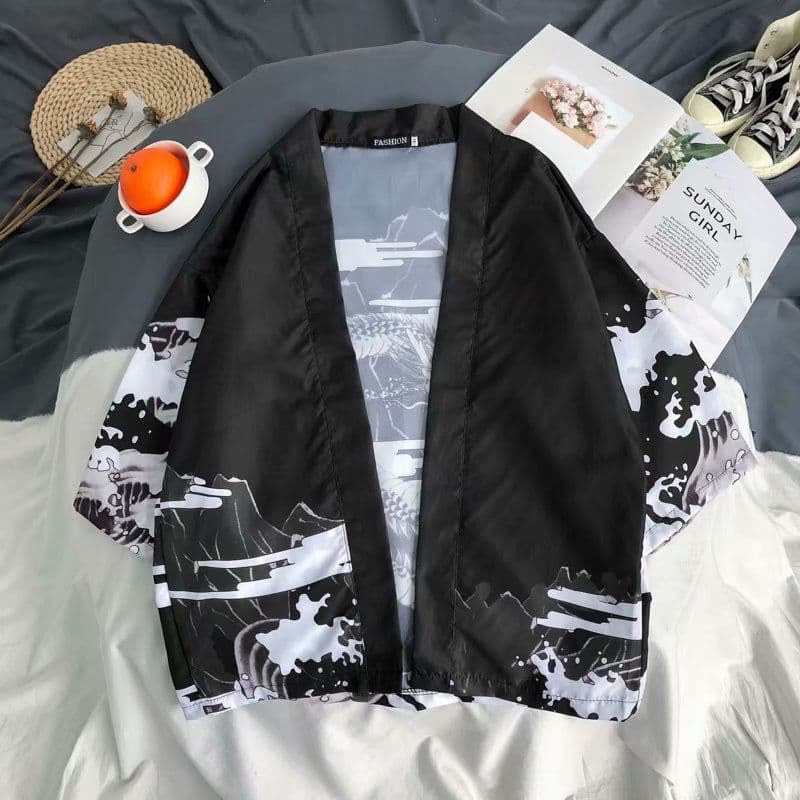 image-A generation of Japanese ukiyo-e Taoist robe sea wave carp kimono male and female couple three-quarter sleeve shirt wholesale