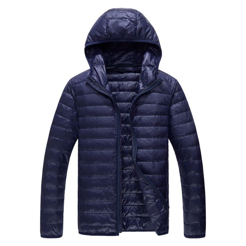 image-Men's Down Jacket - Light Grey Stand Collar Hooded