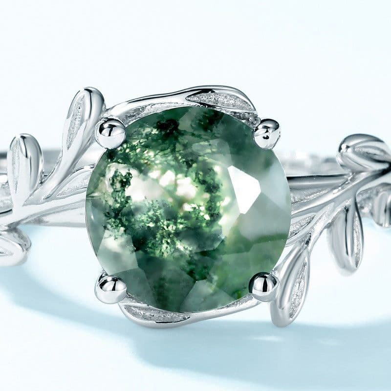 image-European and American cross-border hot sale S925 silver green moss ring water grass agate stone ring unique elegant temperament European and American style