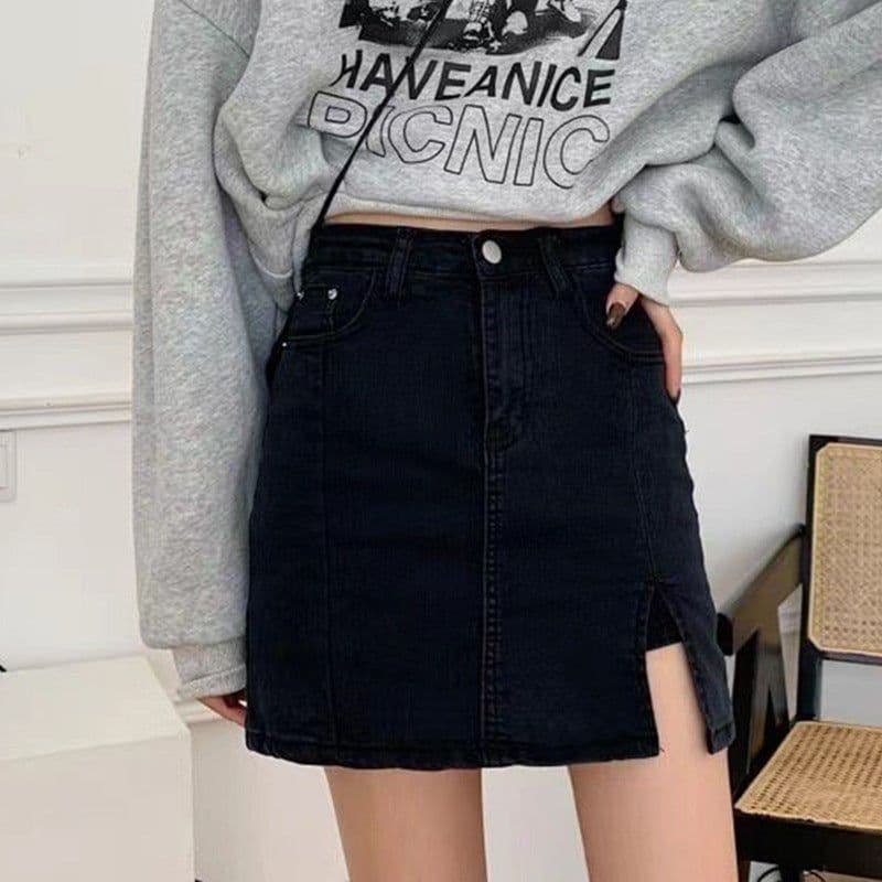 image-Denim Skirt Women High Waist A-Line Short Black