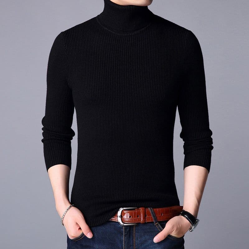 image-2022 autumn and winter new European and American cross-border men's vertical strip knitted pullover slim fit and thin solid color bottoming sweater men