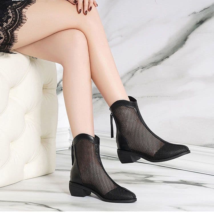 image-Shanli Dadi 2023 Mid-Calf PU Mesh Boots - Off White, High Heels