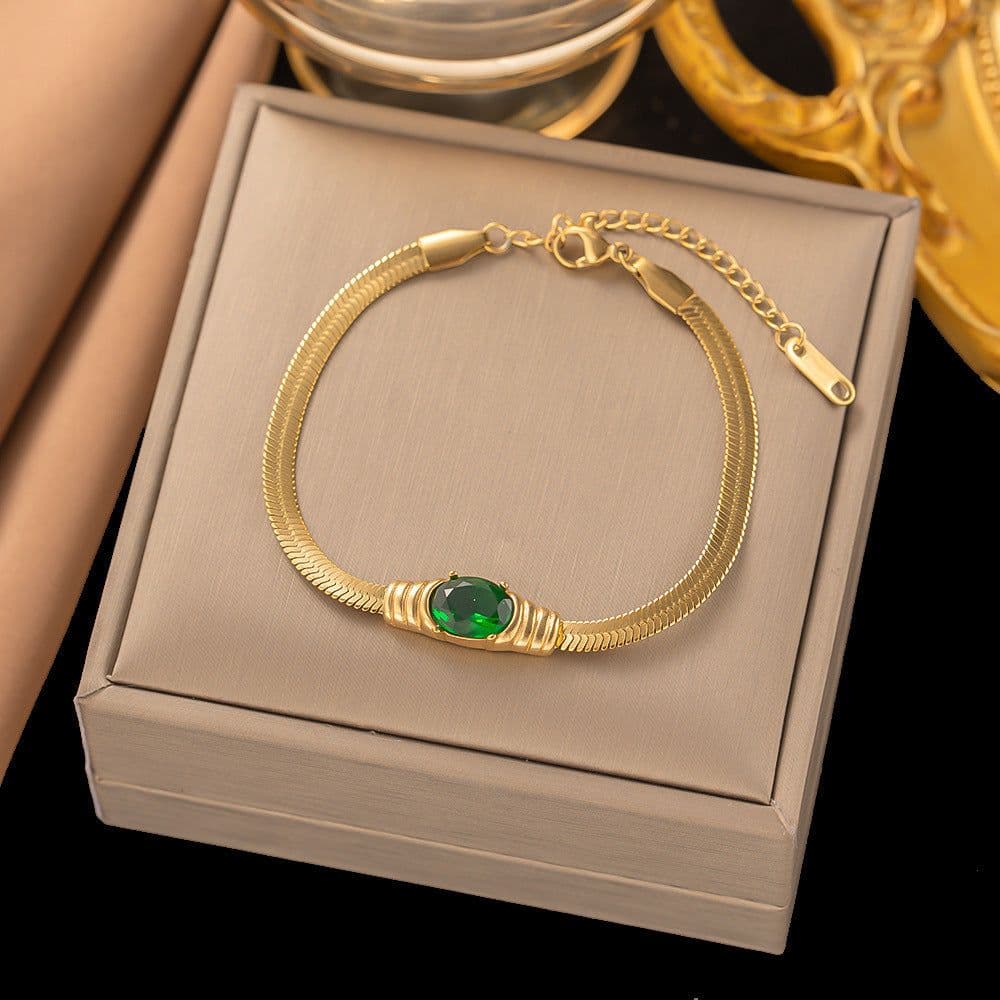 image-Titanium Steel Snake Chain Necklace - Gold Emerald