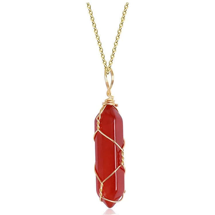 image-Red Agate Crystal Pendant Necklace With Golden Leather Cord For Women