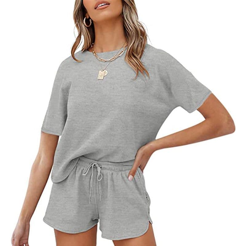 image-Spring/Summer 2023 Retro Casual Waffle Two-Piece Suit - XXL Solid Color
