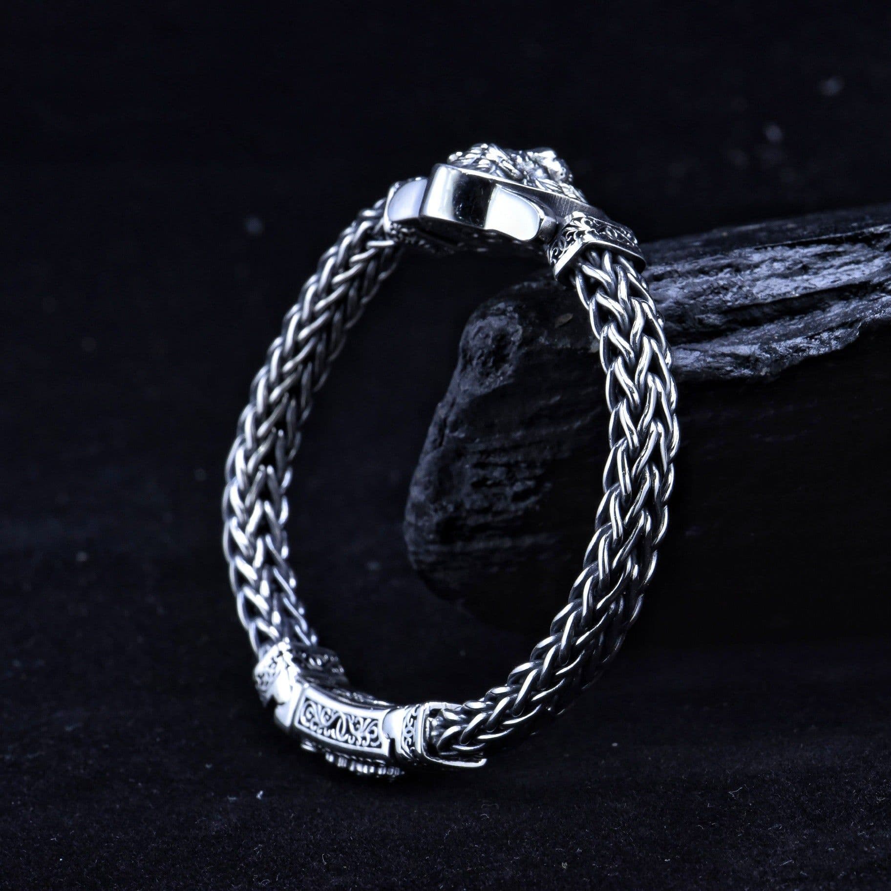 image-Yin Yushang 925 Silver Lion Bracelet - Retro Men's Jewelry, 20cm