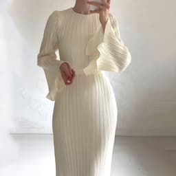 image-2023 Autumn Long Skirt Dress - Brown Pleated Bell Sleeve XXL