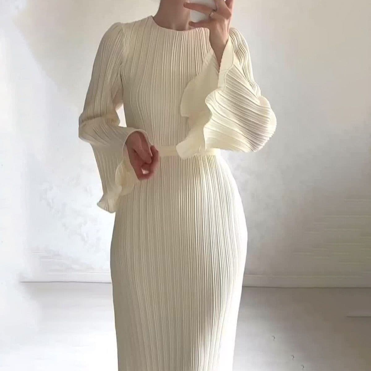 image-2023 Autumn Long Skirt Dress - Brown Pleated Bell Sleeve XXL