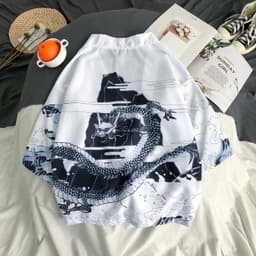 image-A generation of Japanese ukiyo-e Taoist robe sea wave carp kimono male and female couple three-quarter sleeve shirt wholesale